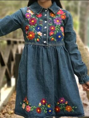 Denim Womens Dress with Multicolor FloralHand Embroidery